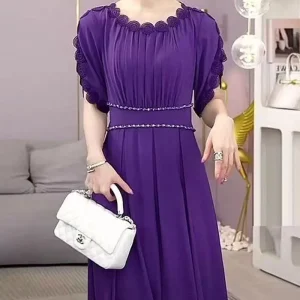 Alternative view of Summer Elegant Petal Sleeve Dresses Stylish Lace Spliced Pleated Women's Clothing Waist Chic Beading Casual O-Neck Long Dress