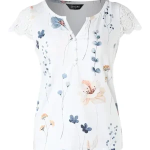 Alternative view of 2024 New Summer Leisure Women's T-Shirt with Floral Print V-Neck Lace Patchwork Sleeve Patch Casual Comfortable Top Pullover