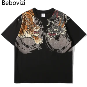 Japanese Style Tiger Dragon Print T Shirt Fashion Vintage Streetwear Hipster Tshirt Men Casual Short Sleeve T-Shirt Clothing