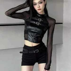 Alternative view of Hotsweet Crop Tops Long Sleeve T-shirts for Women Sexy Mesh Spliced Y2k Cool Girls Streetwear Female Slim Versatile Chic Design