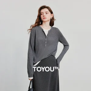 TOYOUTH Women Knitted Shirt 2025 Autumn New Retro Color Contrast Splicing Fake Two Piece Pullover Bottom Tops
